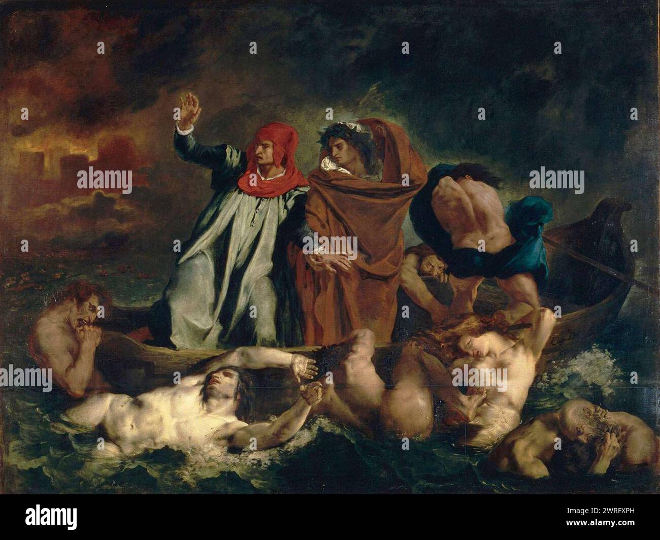 Dante e Virgilio nell'Inferno, Pittura della »Divina Commedia di Dante, Inferno«, 8. Cantare la barca di Dante Eugène Delacroix Foto Stock