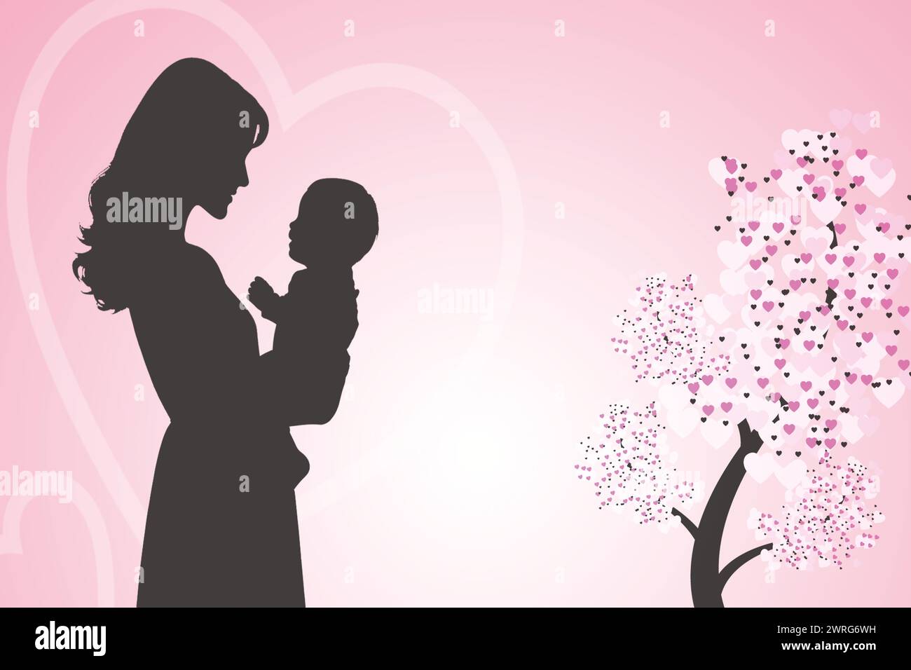 Una tenera silhouette di una madre che tiene il bambino su un morbido sfondo rosa con un motivo a forma di cuore, ideale per la festa della mamma. Illustrazione Vettoriale