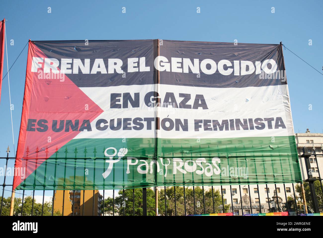 Buenos Aires, Argentina; 8 marzo 2024: Sostegno alla Palestina durante la giornata della donna, bandiera palestinese con il testo Stop the genocide in Gaza è una femminista Foto Stock