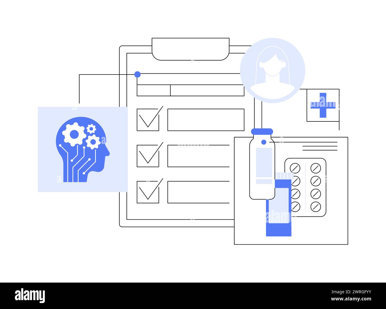 Illustrazione del vettore del concetto astratto dei piani di trattamento personalizzati basati sull'INTELLIGENZA ARTIFICIALE. Illustrazione Vettoriale