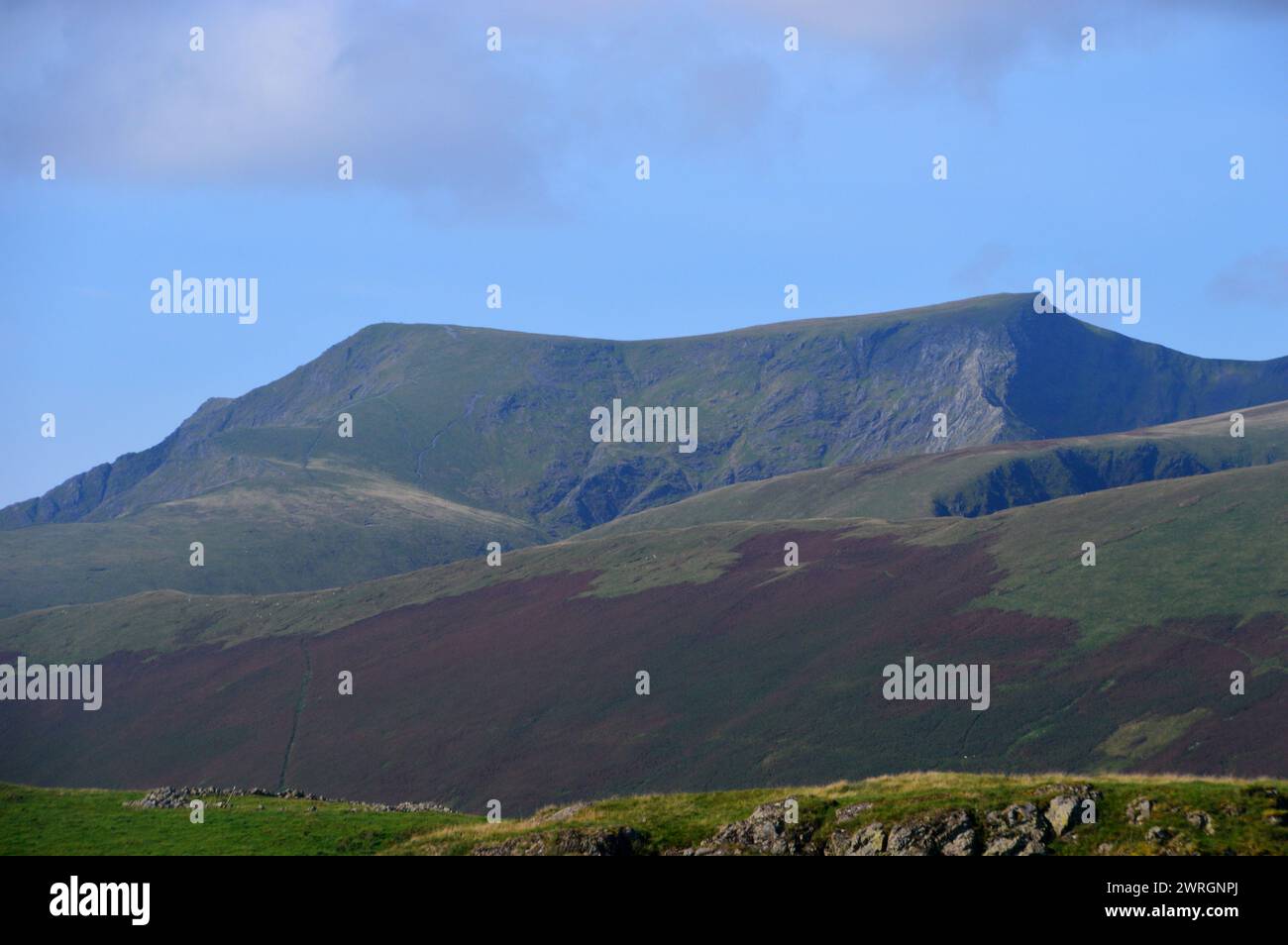 Il gruppo di colline "Blencathra" (Saddleback) dalla riserva naturale di Eycott Hills vicino a Penrith, Lake District National Park, Cumbria, Inghilterra, Regno Unito. Foto Stock