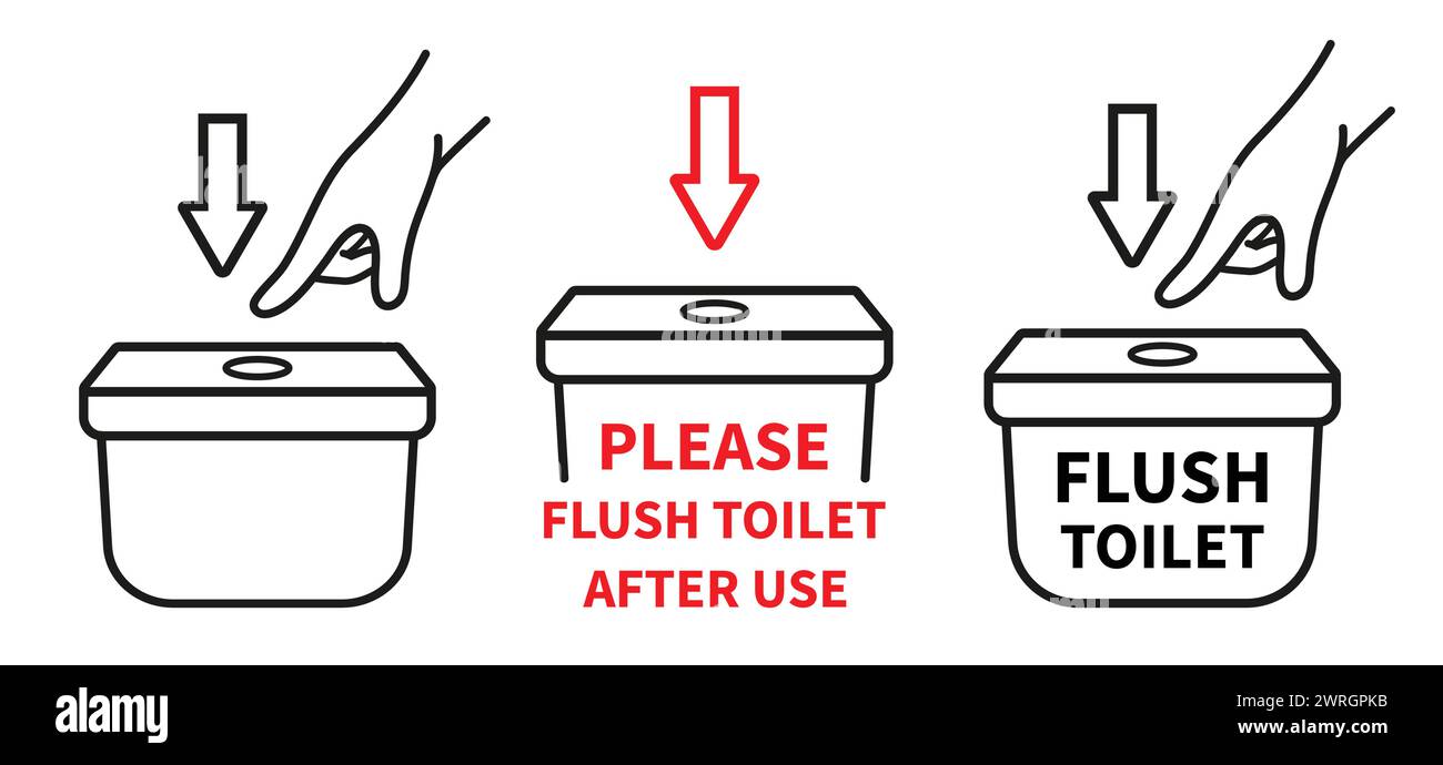 Sciacquare l'acqua nella toilette dopo l'uso, premere a mano il pulsante serbatoio della toilette per pulire l'icona del lavaggio. Non sporcare la ciotola del bagno pubblico. Vettore cartello di avvertimento sala WC Illustrazione Vettoriale