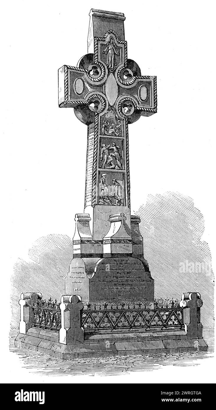 Memorial Cross dell'8th (King's) Regiment, sulla Grand Parade, Portsmouth, 1864. "La croce, progettata e costruita dal signor Leifchild, è destinata a commemorare i servizi e la morte dei 243 ufficiali, sottufficiali e soldati privati persi dal reggimento mentre erano impegnati in queste ardue e gloriose operazioni... [cioè le vittorie di Ramilies, Oudenard e Malplaquet; il sollievo di Lucknow; il rifiuto dell'attacco ad Agra; la sconfitta del contingente Gwalior a Cawnpore; l'azione del Kalee Nuddee; la cattura di Delhi e l'occupazione di Futtehghur]. L'albero e. Foto Stock