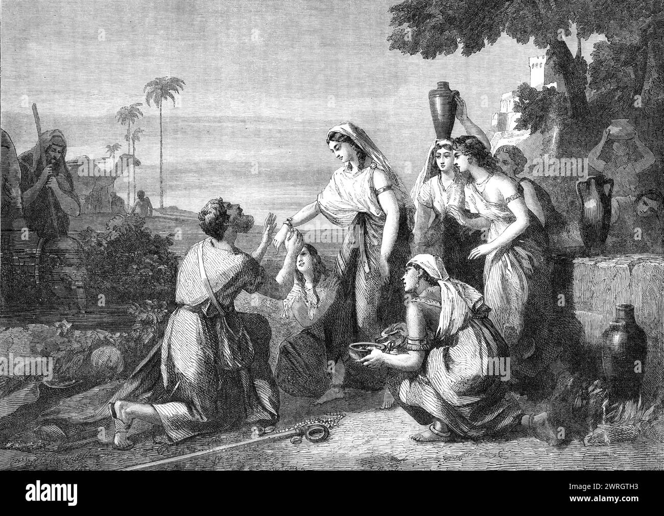 "The Meeting of Abraham's Servant with Rebekah at the Well", di W. Hilton, R.A., nella National Gallery, South Kensington, 1864. Incisione di un dipinto. Il servo, quando arriva "senza la città", i suoi cammelli si inginocchiarono da un pozzo d'acqua "all'ora della sera, anche quando le donne escono a prendere l'acqua", prega il "Signore Dio del suo padrone perché la fanciulla a cui dirà: "lascia cadere la tua caraffa, ti prego, perché io beva; e lei dirà: "bevi e io darò anche ai tuoi cammelli bevi: sia la stessa colei che hai fatto ap Foto Stock