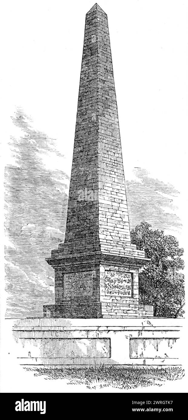 Monumento della battaglia di Chillianwalla, 1864. "Il capitano A. E. Paske, vice Commissario del distretto [del Gujarat, ha inviato] una fotografia, scattata su sua richiesta dai signori Fricke e Jung, di Murree, nel Punjaub, che rappresenta l'obelisco eretto sul campo di battaglia. Questo obelisco è superiore a 60 piedi. in altezza, e si trova sul sito occupato dall'ospedale da campo durante l'azione. Reca la seguente iscrizione, in quattro lingue diverse: "Intorno a questa tomba fu combattuta la sanguinaria battaglia di Chillianwalla, il 13 gennaio 1849, tra le forze britanniche, sotto Lord Goug Foto Stock