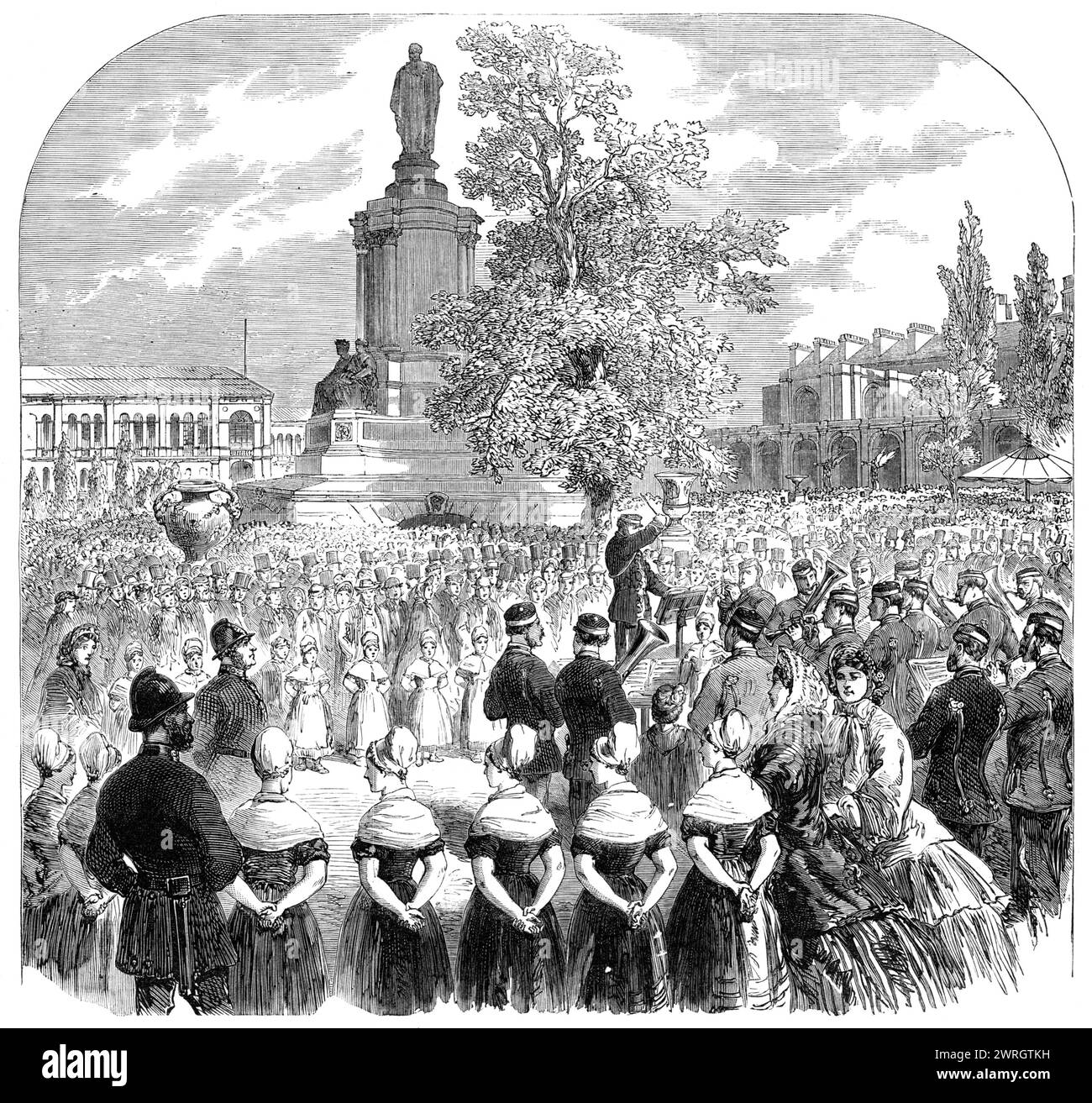 Apertura gratuita dei giardini della Royal Horticultural Society in occasione dell'anniversario del compleanno del defunto Principe consorte, 1864. '...i giardini orticoli di South Kensington, di cui sua altezza reale fu il fondatore, furono aperti al pubblico per la prima volta liberi da charge...it persone si stima che non meno di 120.000 persone li visitassero nel corso della giornata... la vasta folla, composta da tutte le classi, ma soprattutto del centro e del basso, con una grande percentuale di bambini, sembrava che si divertisse molto... quasi nessuna restrizione veniva applicata ai visitatori, che erano liberi Foto Stock
