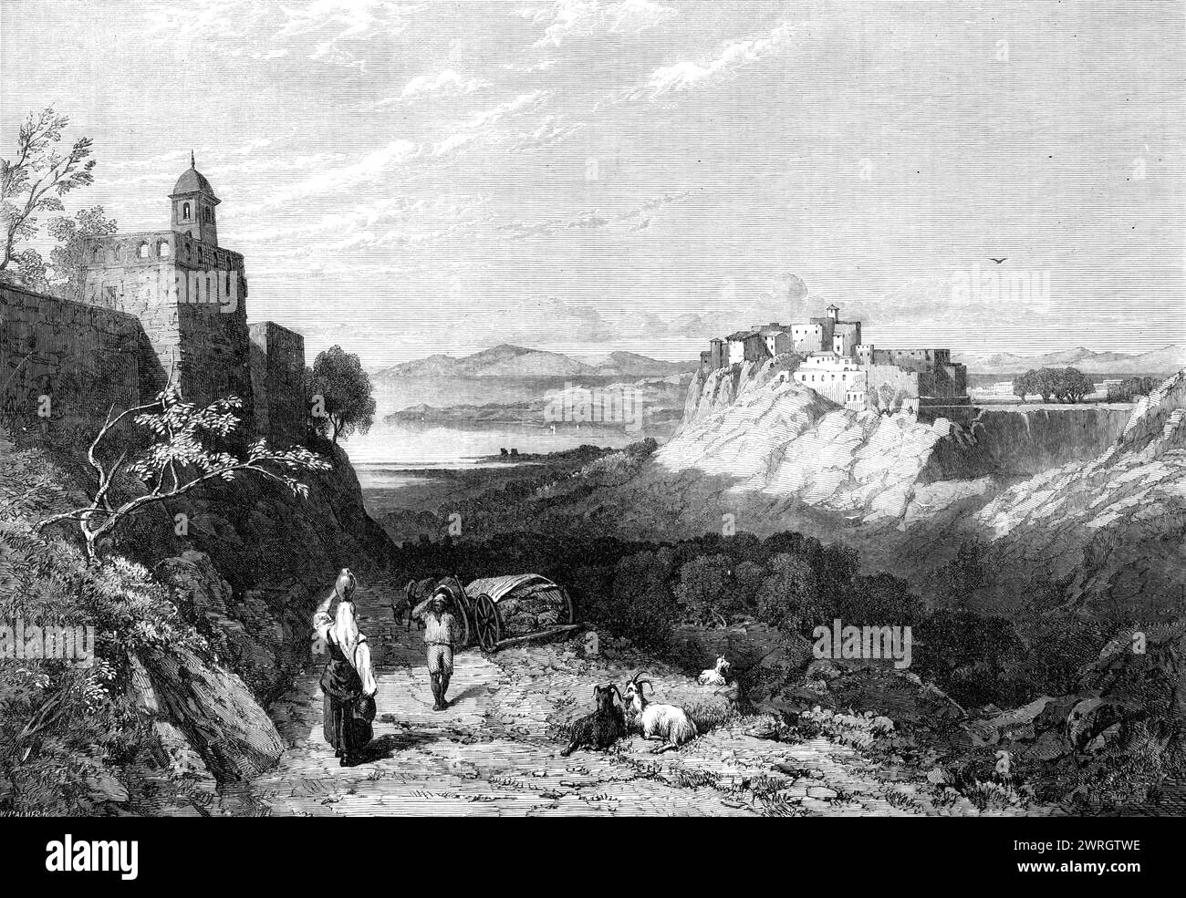 "Città di chiusi, Etruria", di T. M. Richardson, dalla mostra della società dei pittori in acquerelli, 1864. Incisione di un dipinto. "Lontano dall'alta strada tra Roma e Siena, e quindi raramente visitata dal viaggiatore moderno, la città di chiusi sorge sul sito dell'antica Clusium, una delle dodici città della Lega Etrusca, un tempo la capitale politica più importante dell'Etruria... Clusium è anche memorabile per i meravigliosi resoconti nelle pagine di Plinio e Varrone del mausoleo e del labirinto di Porsena. La città è ora letteralmente minata da subterra Foto Stock