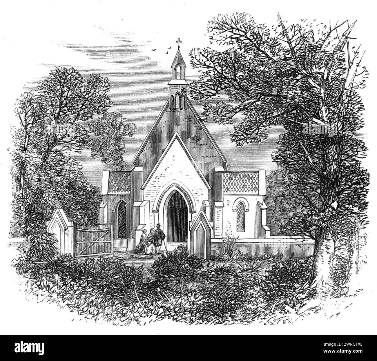 Chiesa inglese nella stazione civile di Guzerat, [India], 1864. "Nel 1860, Sir Robert Montgomery, K.C.B., l'attuale tenente governatore del Punjaub, portò all'attenzione del governo supremo la questione dell'alloggio per il culto protestante nelle province del Punjaub, e, sentendo un profondo interesse per il lavoro, ottenne la sanzione per la costruzione di chiese in tutte le stazioni in cui non era stato fornito un tale alloggio. Così, attraverso gli sforzi di Sir R. Montgomery, non meno di quindici piccole chiese furono costruite nelle stazioni civili del Punjaub durante il 1861. Il Guzerat Chur Foto Stock
