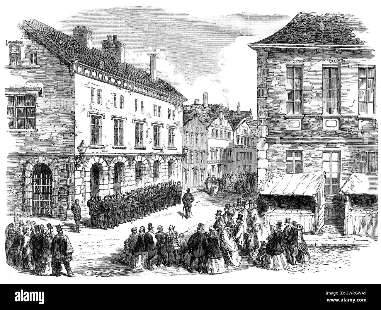 Difficoltà dello Schleswig-Holstein: I soldati danesi ad Altona in attesa della notizia dell'arrivo delle truppe federali per lasciare la casa di guardia principale, 1864. "La corrispondenza dei ducati è unanime nel descrivere l'esecuzione [federale] [vale a dire il cambio di regime] come avvenuta senza turbare l'ordine pubblico. Un'ora prima che le truppe federali arrivassero nelle diverse città, le forze danesi marciarono fuori; e, fatta eccezione per le differenze delle uniformi, si avrebbe immaginato che i reggimenti fossero stati sollevati nel corso ordinario del servizio militare. Alla partenza delle truppe danesi Foto Stock