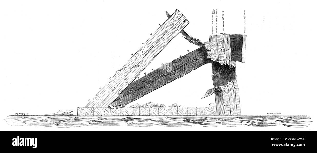 Sezione del bersaglio flottante del Guerriero, che mostra il foro realizzato dal guscio da 600 libbre e lo spostamento della piastra superiore, 1864. Diagramma di '...una sezione attraverso il bersaglio come apparirebbe se tagliata verticalmente attraverso il centro del foro realizzato dal guscio...il bersaglio era composto esternamente da armatura di placcatura 4½ in. spessa, appoggiata e imbullonata a un solido supporto in teak di 18" Spesso, il cui supporto era ancora supportato da una placcatura interna e da una struttura che rappresentava il corpo della nave... quando il bersaglio veniva portato a pezzi, si è scoperto che l'effetto frantumante si era esteso ben oltre Foto Stock