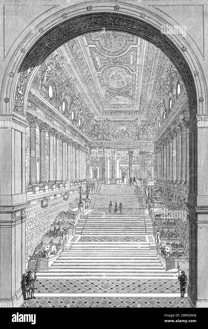 Royal Academy Prize Drawing: "Scalinata di un palazzo reale", di Richard Phene Spiers, 1864. '...vista prospettica della scala...gli angoli sono pieni di statue in nicchie e figure allegoriche. Una galleria corre intorno alla parte superiore di questa sala, illuminata dall'alto e da dodici finestre che perforano i lati della cupola. A destra e a sinistra ci sono delle scale supplementari... per uso privato da parte dei ministri e del corpo diplomatico. La grande scala è entrata da un arco di 35 piedi. larghezza per 52 piedi alto, e si trova in una vasta sala di 120 piedi. lunga per 50 piedi. largo. ste Foto Stock