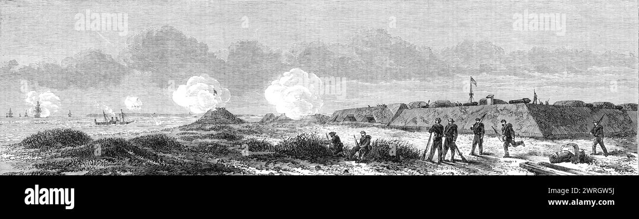La guerra in America: Fort Fisher, comandante della nuova entrata del fiume Cape Fear - il piroscafo britannico Hansa che gestisce il blocco sotto i cannoni del forte, 1864. Scena a Wilmington, Carolina del Nord, USA, '...from uno schizzo del nostro artista speciale... che scrive: "Per fortuna, abbiamo scoperto un piroscafo a vapore bloccato, l'Hansa, sotto le nostre armi all'alba, e allo stesso tempo anche i bloccanti yankee si accorsero della sua presenza e aprirono il fuoco, pensando che, dato che era già entrata nel bar (la linea dei rompighiaccio bianchi solo di lei), la avrebbero distrutta prima che lei impazzisse Foto Stock