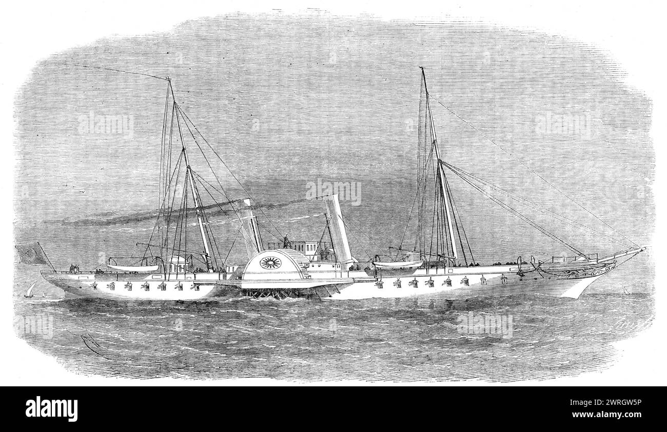 Il nuovo yacht imperiale a vapore, Taliah, costruito per il Sultano, 1864. Lo yacht, costruito... dai signori Samuda, ha fatto il suo viaggio di prova di recente, con l'ambasciatore turco, M. Musurus, a bordo. Procedette a una velocità straordinaria da Tilbury Fort al Nore, dove la sua velocità fu provata al miglio misurato, quando il risultato fu - contro la marea, 16,216 nodi; con marea, 19,251 nodi, dando una media di 17,75 nodi, o venti miglia e mezz'ora. Il sultano può quindi congratularsi con se stesso per aver posseduto una delle navi più veloci a galla. Il suo peso è di oltre 1100 tonnellate. I motori, W Foto Stock