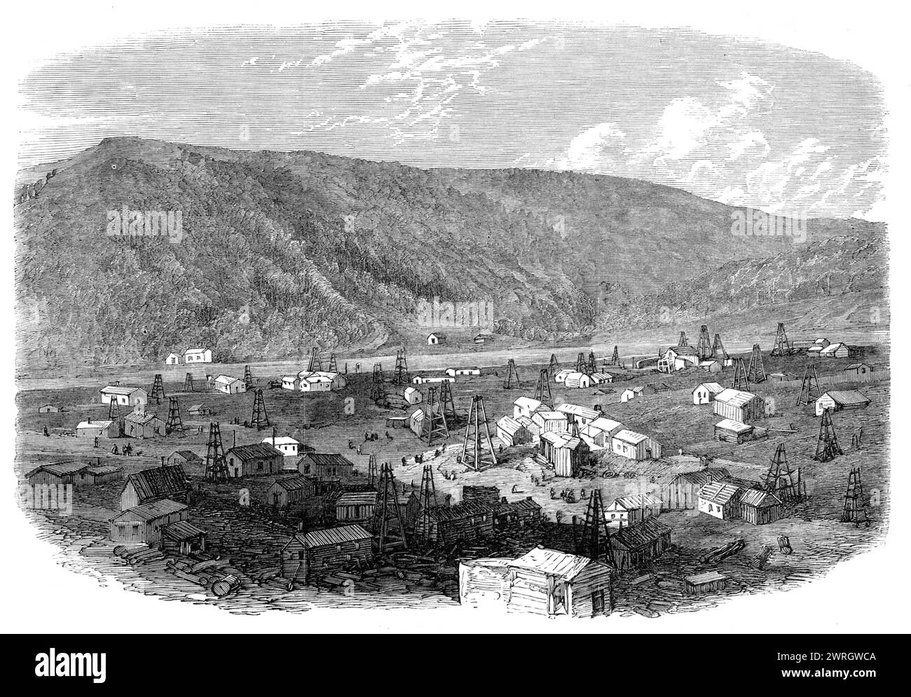 La Petroleum Oil Works a Franklin, Pennsylvania, 1864. Nel 1859. "L'apparecchio da vedere a Oil Creek è di semplice descrizione, costituito da grandi cisterne di legno affondate nel terreno per ricevere l'olio che sale attraverso i tubi e scende negli alesaggi. Viene poi prelevato dalle cisterne e messo in botti per l'esportazione...per il trasporto di olio petrolifero verso le stazioni ferroviarie del distretto di produzione del petrolio, l'azienda sta ora costruendo tubi di ferro, attraverso il quale l'olio viene spinto dai serbatoi ai pozzi da potenti pompe a vapore...l'olio di petrolio viene inviato da Foto Stock