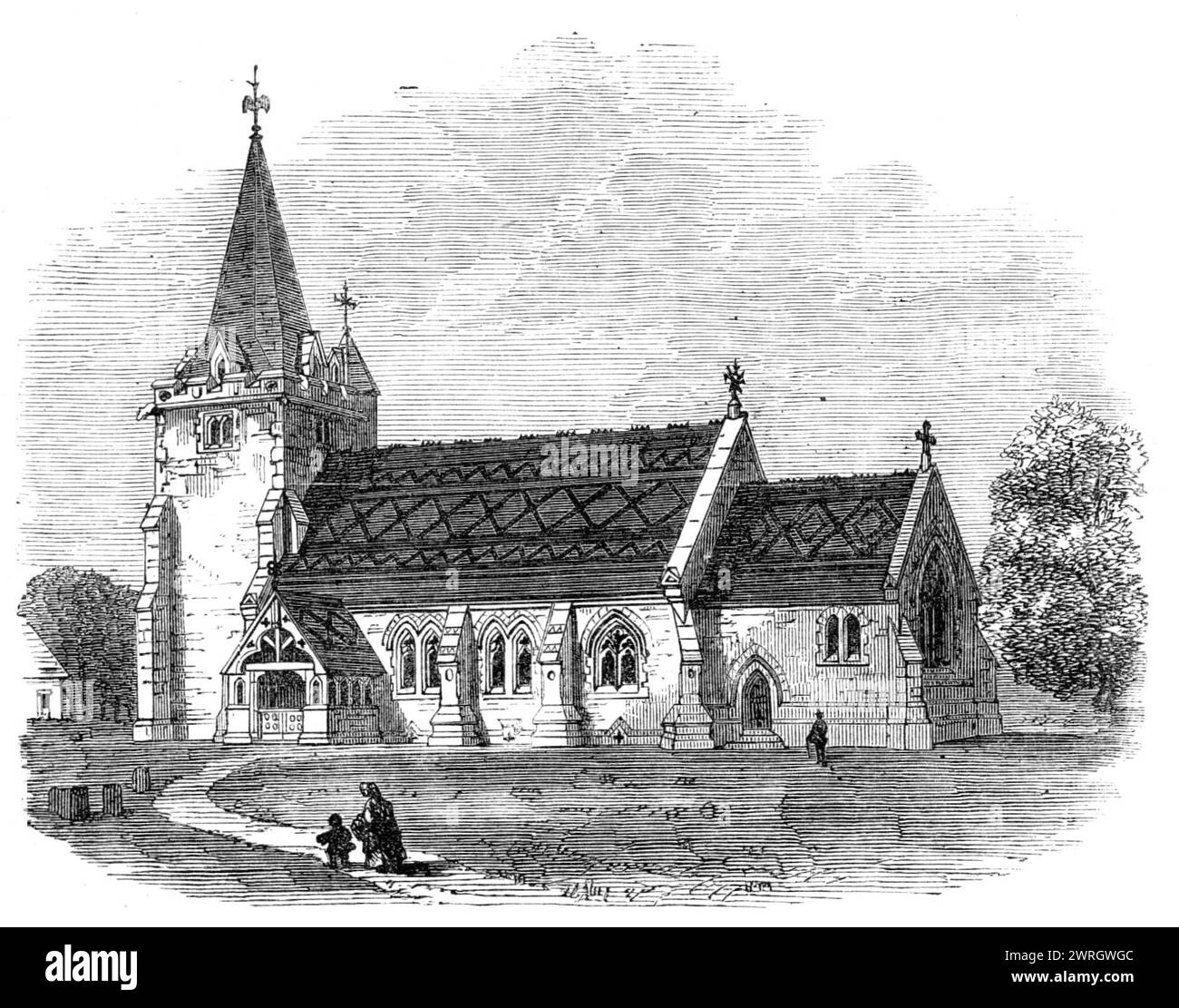 St Giles's Church, Dallington, Sussex, 1864. Chiesa ricostruita su disegno di Edward Habershon. "Si compone di navata, navata nord, e coro; la torre e la guglia, che sono del periodo Tudor, vengono lasciate in piedi. La vecchia chiesa era caduta in una condizione rovinosa e, dalle esigue risorse degli abitanti della parrocchia, era molto improbabile che sarebbero stati in grado, senza aiuto estraneo, di riparare l'abbandono delle generazioni passate. Tale aiuto fu, tuttavia, procurato dagli sforzi del Vicario, il Rev. R. Tatham, e a spese di amici che conoscevano l'estrema necessità del Foto Stock