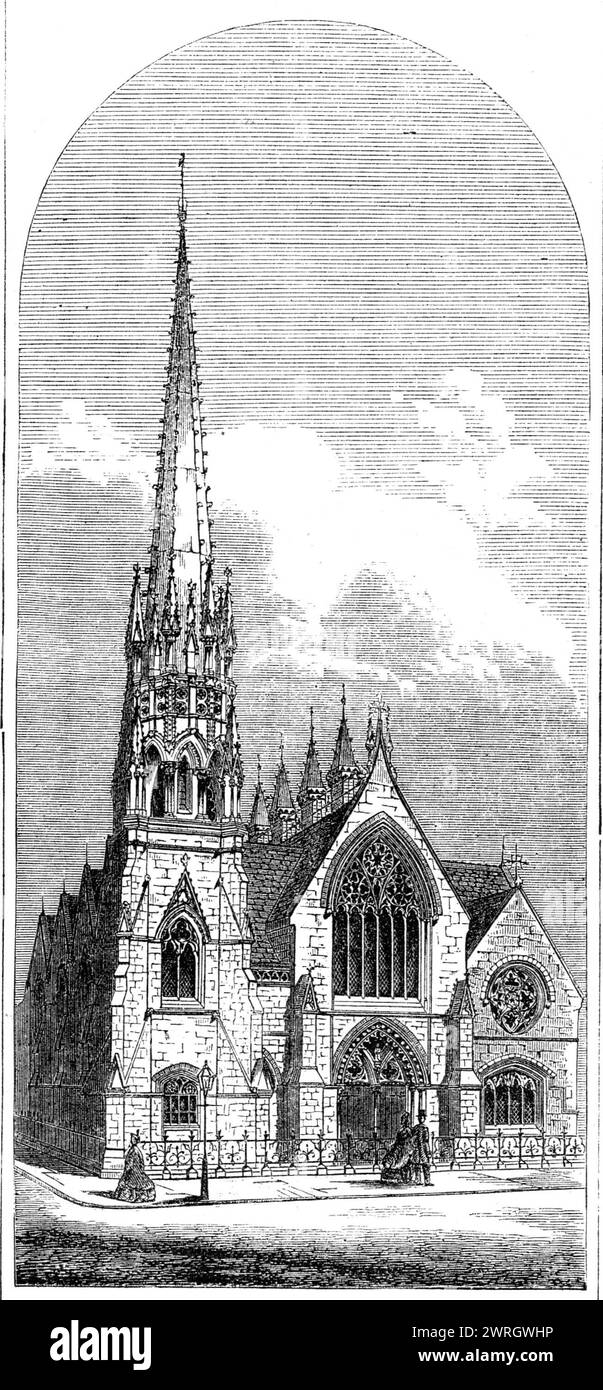 Wycliffe Chapel, Birmingham, 1864. "Questo edificio è in stile gotico trecentesco... la cappella è utilizzata dai Battisti e si trova all'arrivo della strada di San Luca, a Bristol-Road, Birmingham. Ospita circa 800 persone...Una piattaforma alla fine della cappella, di fronte alla galleria finale, offre spazio per il pulpito - di pietra scolpita, splendidamente tagliato da Wood, di Lichfield - e per il battistero, di marmo bianco. I tetti della cappella sono divisi in tre, quelli sopra le gallerie sono arcuati e intarsiati in legno, e quello sopra la parte centrale è incorniciato e pa Foto Stock