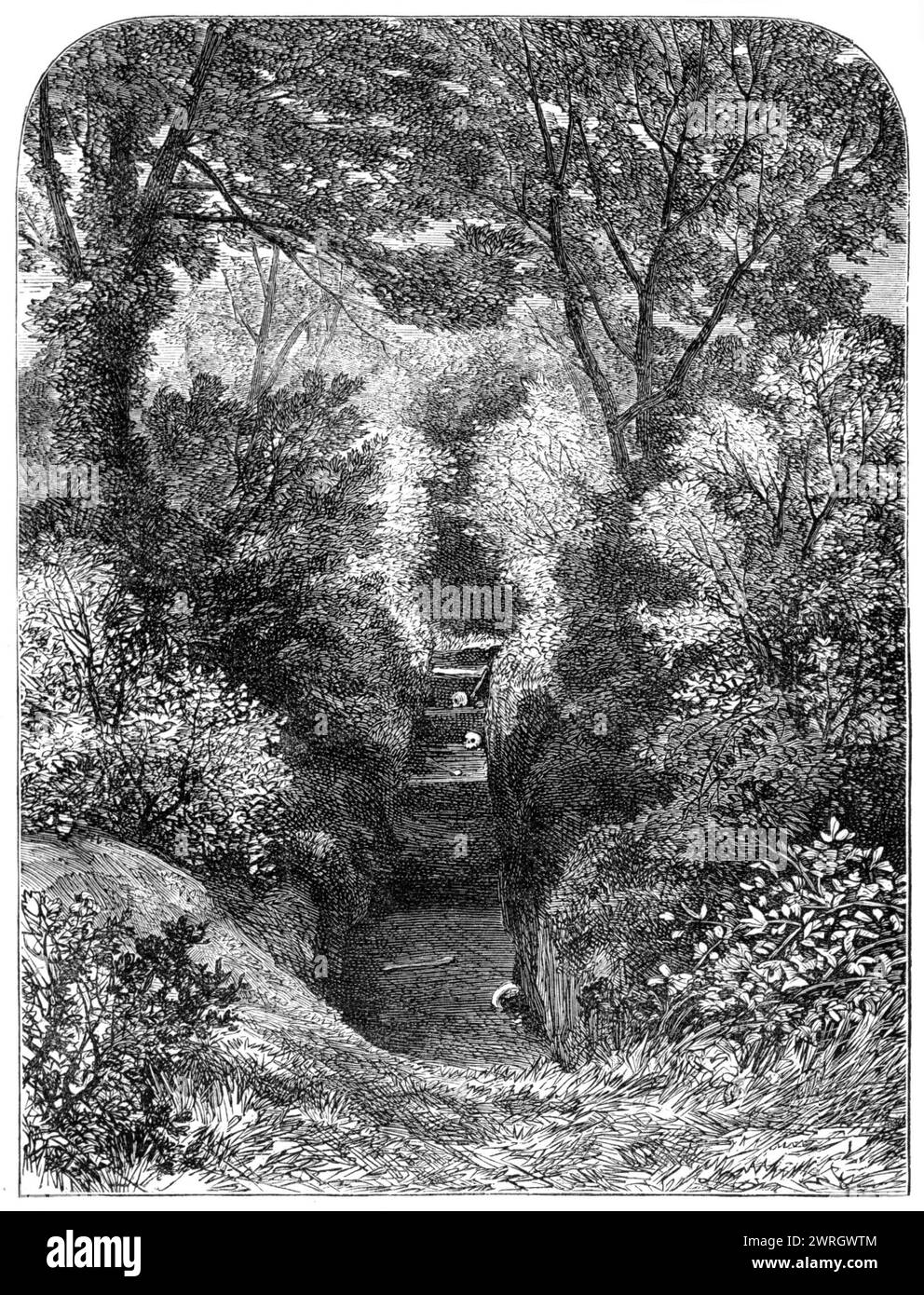 Scavi di un antico cimitero a Helmingham, Suffolk, 1864. "...l'attuale Rettore, [Rev. George Cardew] che lottava poteva percepire ovunque tracce di un'occupazione molto precoce, determinato a dimostrare il punto con gli scavi. Il risultato ha verificato le sue congetture: Ovunque abbia scavato ha trovato resti antichi... la più notevole delle scoperte è quella di un cimitero antico molto singolare... [contenente] un gran numero di scheletri [umani] di un periodo molto precoce. Si trovavano fianco a fianco in cisti molto poco profonde nel suolo naturale indisturbato... [e] erano in ottima conservazione... Foto Stock