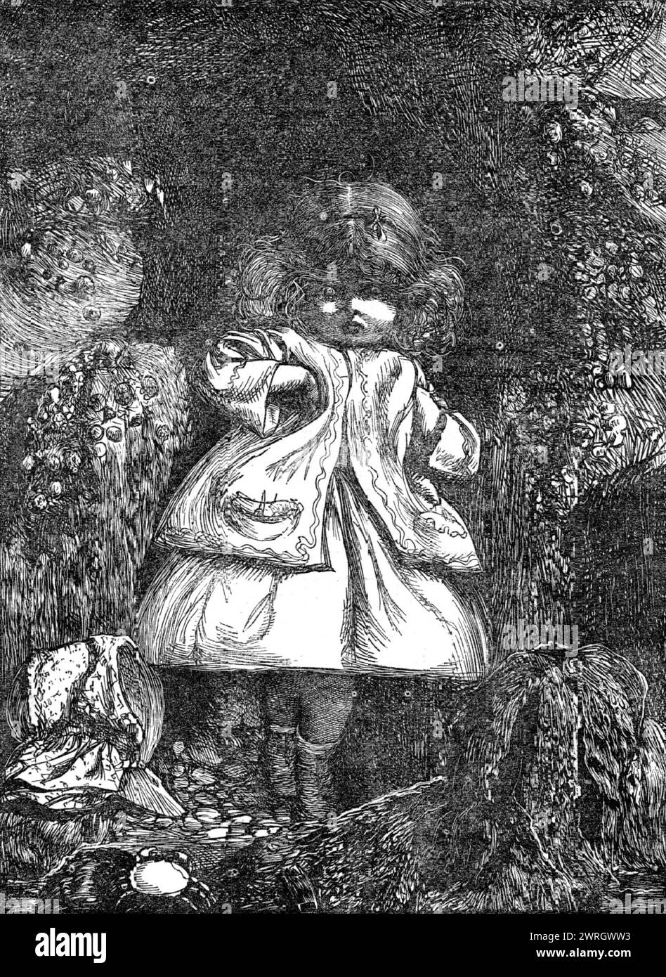 Home Thoughts: The Child Among the Rocks, 1864. Illustrazione di un libro di poesie: "Home Thoughts and Home Scenes", in poesie originali... che si sprigionano all'esterno con scarlattina e oro e scintillanti all'interno con gemme poetiche e brillanti esemplari di talento illustrativo, faranno un regalo reale giusto. Le illustrazioni, di A. B. Houghton, incise dai Fratelli Dalziel, sono di ottima qualità e profuse in numero. I figli del signor Houghton sembrano vivere positivamente. L'accompagnamento poetico alla nostra incisione di "The Child Among the Rocks" è la composizione di Dora GRE Foto Stock