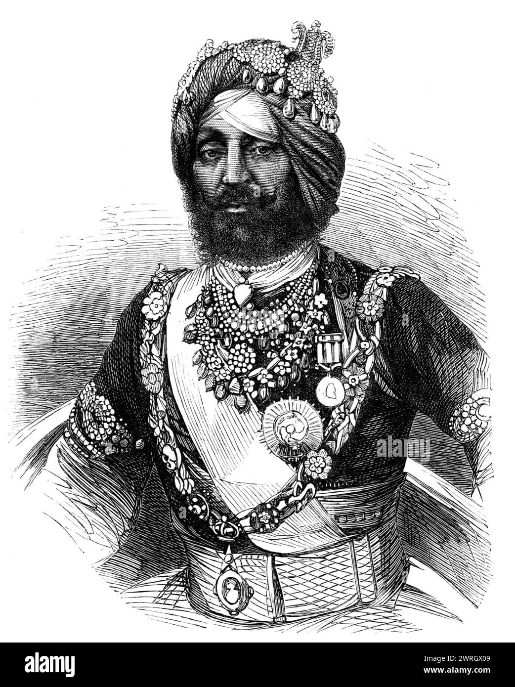 Il Rajah di Kapoorthalla, Cavaliere dell'ordine della Stella dell'India, 1864. "Il Rajah Randhir Singh, di Kapoorthalla, è uno dei principi del Punjaub che Sir John Lawrence, Governatore generale dell'India, ha premiato soprattutto i suoi pari e connazionali per i suoi leali servizi alla regina Vittoria nel prestare aiuto per reprimere l'ammutinamento e la ribellione del 1857. Al Grand durbar, o assemblea, che si svolse a Lahore il 17 ottobre... il Rajah fu solennemente investito da Sir John Lawrence con l'ordine della Stella d'India, avendo già ricevuto dal governo di Lord Canning, Foto Stock