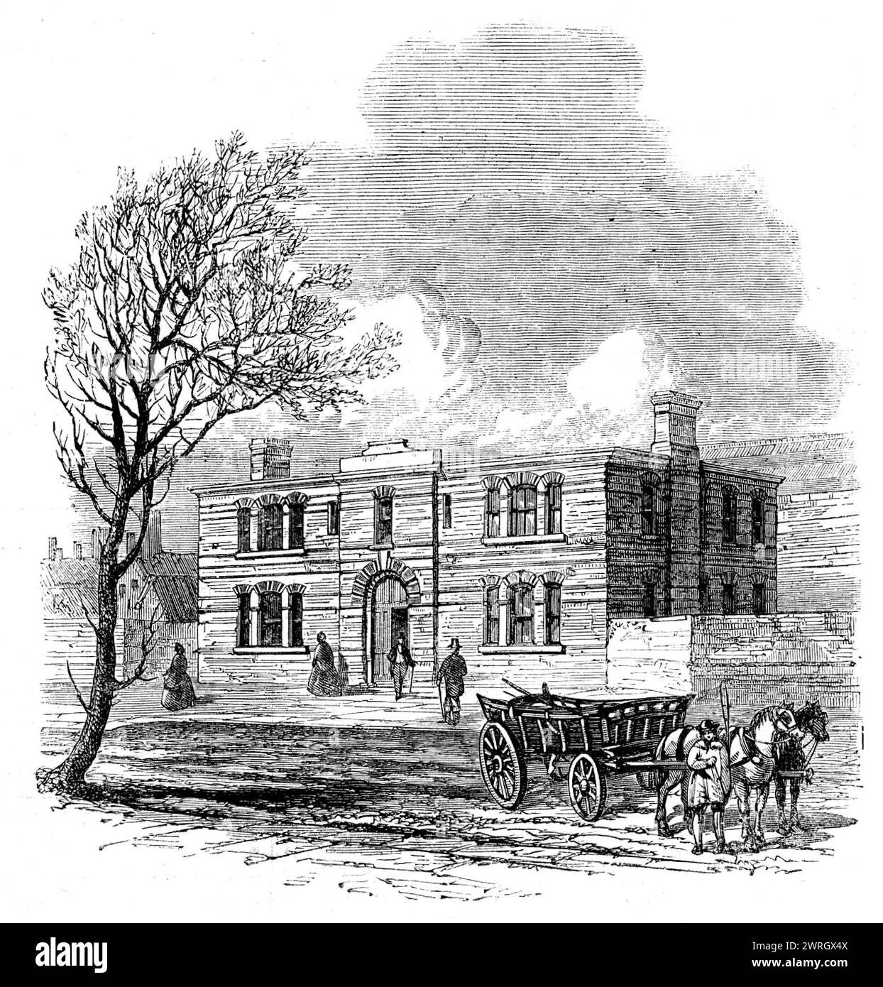 Uffici collegati alla Agricultural Hall, Islington, 1862. Sito dello Smithfield Club Cattle and Implement Show. La sala... ha ingressi da tutti i lati. La sua posizione centrale, per quanto riguarda le varie ferrovie termini (con le quali è in comunicazione diretta tramite la nuova strada) la rende ben adattata agli scopi per i quali è destinata...la facciata occidentale...è la principale; e qui ci sono due alte torri e un'audace entrata in carrozza. La costruzione è in mattoni gialli, con fasce e archi di mattoni rossi. All'estremità orientale, quasi di fronte a Islington-green, c'è un'ar Foto Stock