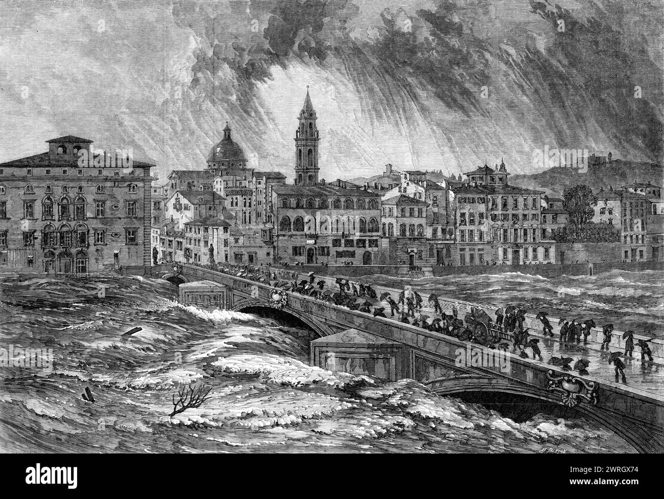 La tarda inondazione dell'Arno a Firenze - da uno sketch di E. W. Cooke, R.A., 1864. Veduta di '...l'alluvione che ha visitato quella città dall'improvvisa ascesa del fiume Arno, causata da una tempesta di pioggia...[Mr. Cooke scrive:] le acque del Mugnone e amo, con i loro numerosi torrenti affluenti provenienti dal vasto anfiteatro dei monti che circondano Firenze, scoppiarono improvvisamente nella valle, e precipitato con irresistibile forza attraverso i diversi ponti, salendo in circa sei ore fino all'altezza di 17 piedi... la scena... presentava l'aspetto straordinario di un mare turbolento, non di acqua, ma di Foto Stock