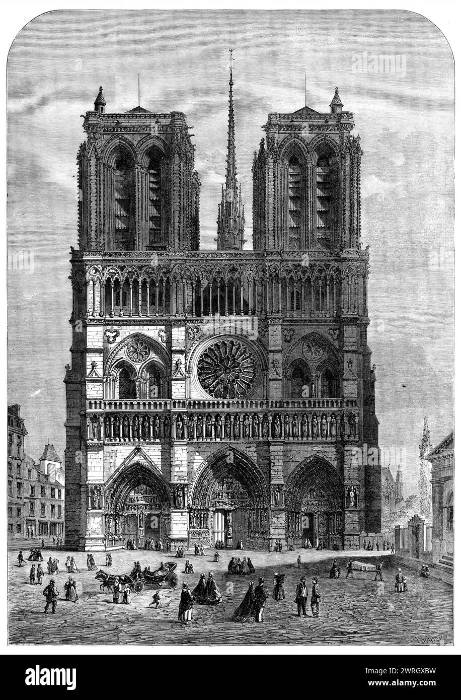 Restauro di Notre Dame, Parigi: The Western fa&#xe7;ade, 1862. "...il restauro esterno e interno... avrà occupato esattamente un quarto di secolo quando sarà finito... [il lavoro è] in corso con tutta la dovuta fretta; diversi anni, tuttavia, saranno ancora necessari per il suo restauro al rango che merita di occupare come uno degli esemplari più perfetti di arte gotica in Francia...M.. Viollet-le-Duc, l'eminente architetto incaricato di questo colossale undertaking...informs US che il restauro era commenced...in 1845...e sarà completamente terminato nel 1869...questa splendida facciata, il Foto Stock