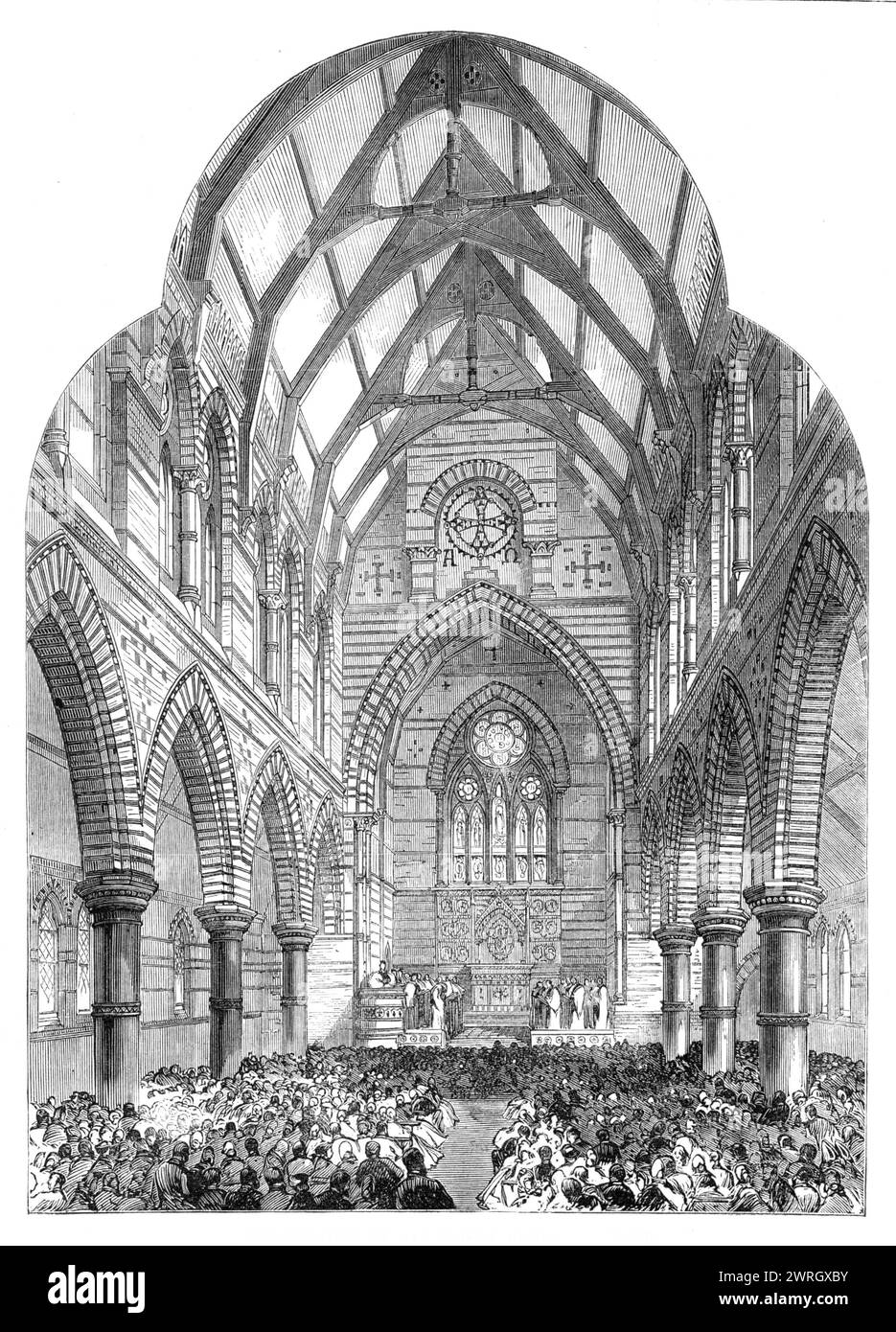 Consacrazione della Chiesa di tutti i Santi, Windsor, 1864. "La chiesa, un adattamento del gotico, è stata eretta come cappella di facilità per la chiesa parrocchiale di New Windsor, ed è stata progettata in vista di un futuro allargamento, ma attualmente contiene sedute per circa 600 adulti. Si compone di una navata e di una navata sud, di un coro e di una camera d'organo, con sottoscocca temporanea, separati dal coro da uno schermo di legno elegantemente dipinto. L'edificio è in mattoni, con i condimenti in pietra di Bath... il sermone è stato predicato dal vescovo di Oxford, che ha scelto per il suo testo le parole, "e f Foto Stock