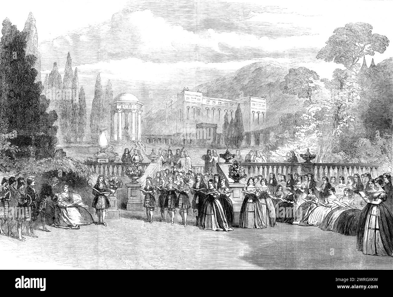 Scena della nuova opera, "Love's Triumph", al Covent Garden, 1862. Produzione teatrale a Londra. 'L'incisione rappresenta la scena nei giardini del palazzo del Reggente, che forma il finale del secondo atto, mentre la Principessa e le signore e i signori della sua casa ascoltano la bella parte corale, "Corin for Cleora Dying". Il gruppo include i personaggi principali del pezzo - Miss Louisa Pyne, nel ruolo della Principessa de Valois; Mr. Harrison, nel ruolo del Marchese de Pons; Mr. Perren, nel ruolo di Savigny; Mdme. Laura Baxter, come The Page; e Mr. Corri, come Mynheer van Groot' Foto Stock