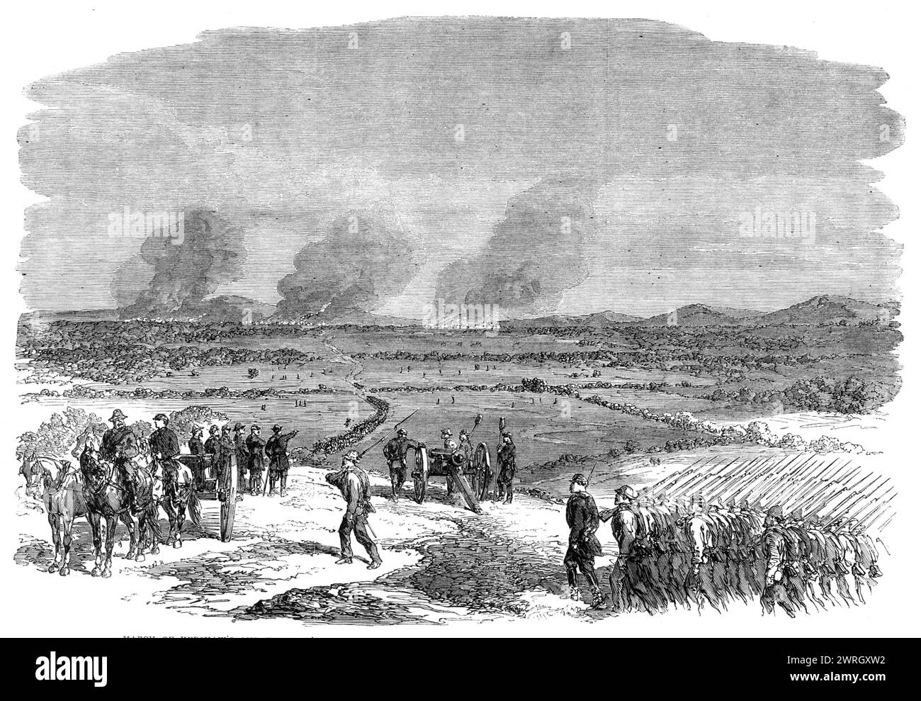 The War in America: march of Kershaw's and Fitz Lee's Division of the Confederate Army fino alla valle della Virginia, 1864. "Abbiamo ricevuto, dal nostro artista speciale e corrispondente con l'esercito degli Stati confederati in Virginia... schizzi illustrativi delle recenti operazioni nella valle dello Shenandoah... la marcia delle divisioni comandate da Kershaw e Fitz Lee... sulla strada per formare una giunzione con le forze del generale Early, vicino a Winchester...la valle...qui si estende a una larghezza tale che dovrebbe essere definita una pianura. La Blue Ridge si vede in distanc Foto Stock
