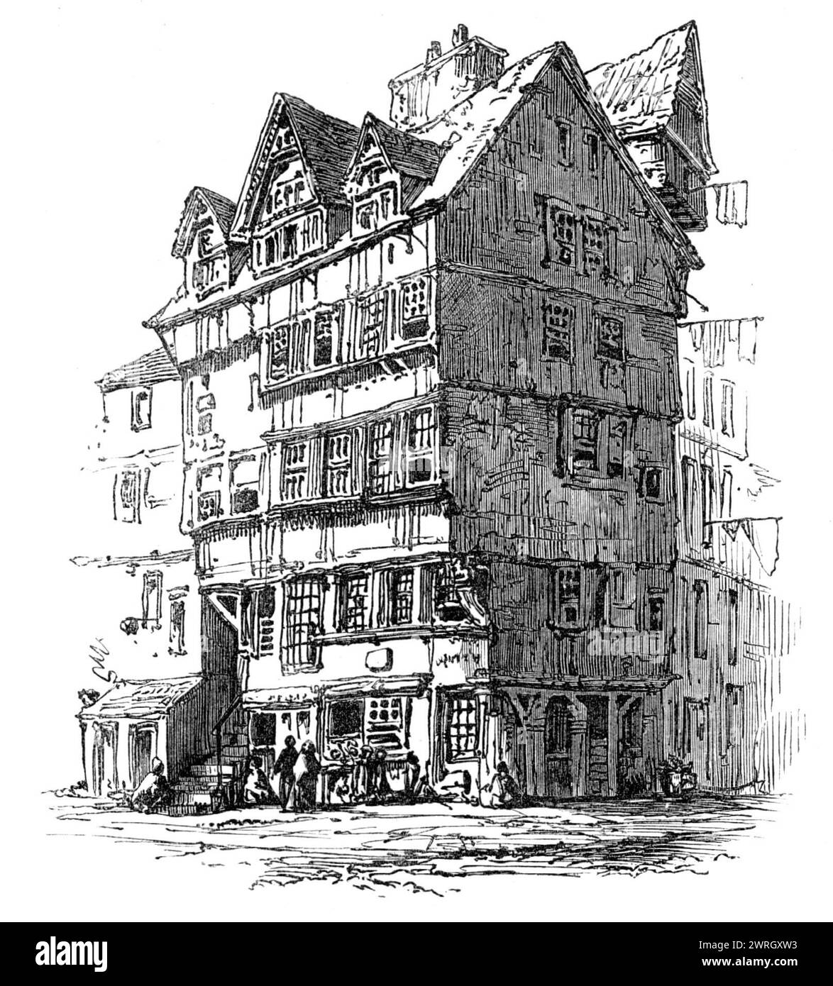 Edimburgo: Vecchie case in High-Street, 1864. Passando dal castello, ci troviamo sulla strada lunga, sporca e rumorosa, che, sotto i nomi successivi di Lawn-Market, High-Street e Canongate, conduce a Holyrood Palace. Questa era, in un periodo non molto lontano, la strada principale di Edimburgo. Qui furono riuniti la nobiltà capo e il rango e la moda della Scozia. Tuttavia, all'esterno di alcune delle miserabili e fatiscenti residenze, si possono vedere le orme degli orgogliosi conti che regnarono come re in giorni di tempo. Che cambiamento ha fatto il tempo! Gruppi di ragged e. Foto Stock