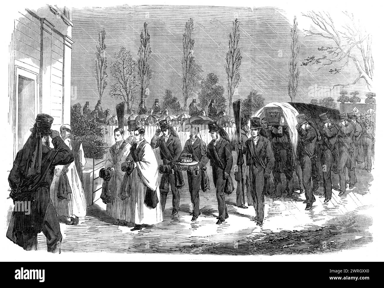 Il funerale del duca di Newcastle a Markham Clinton, Notts., 1864. "L'iscrizione [sulla bara] era la seguente: "Henry Pelham Pelham-Clinton, duca di Newcastle, Lord Luogotenente e Custos Rotulorum della contea di Nottingham, Lord Warden of the Stannaries of Devon and Cornwall, Cavaliere dell'ordine Most Noble della Giarrettiera, e uno dei più onerosi Consigli privati di sua Maestà. Nato il 22 maggio 1811. Morto il 18 ottobre 1864."...poi arrivarono i portatori di palle, otto in numero, scelti tra i tenant, le cui famiglie sono state per secoli legate alla tenuta... il resto del pro Foto Stock