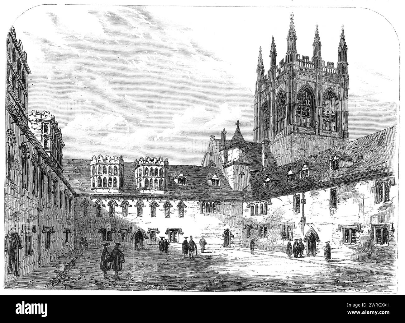 Vedute del Merton College, Oxford: Il quadrangolo degli studenti, 1864. '...il college ha recentemente eretto un blocco di edifici di sedici serie di stanze per studenti universitari. Questi sono stati progettati, dal signor Butterfield, in una modifica del gotico del XIV secolo, e sono un miglioramento nella disposizione della pianta del terreno rispetto al sistema generale delle sale universitarie più vecchie... un importante miglioramento è stato apportato da questi edifici che formano un nuovo quadrangolo in connessione con il lato sud della vecchia biblioteca, che è ora ben aperta. Fino ad oggi, si trattava di un terreno destinato a molto un Foto Stock