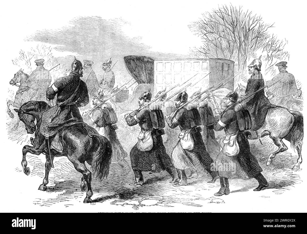 La guerra nello Schleswig: Posta prussiana in viaggio da Rendsburg al fronte, 1864. Da "Illustrated London News", 1864. Foto Stock