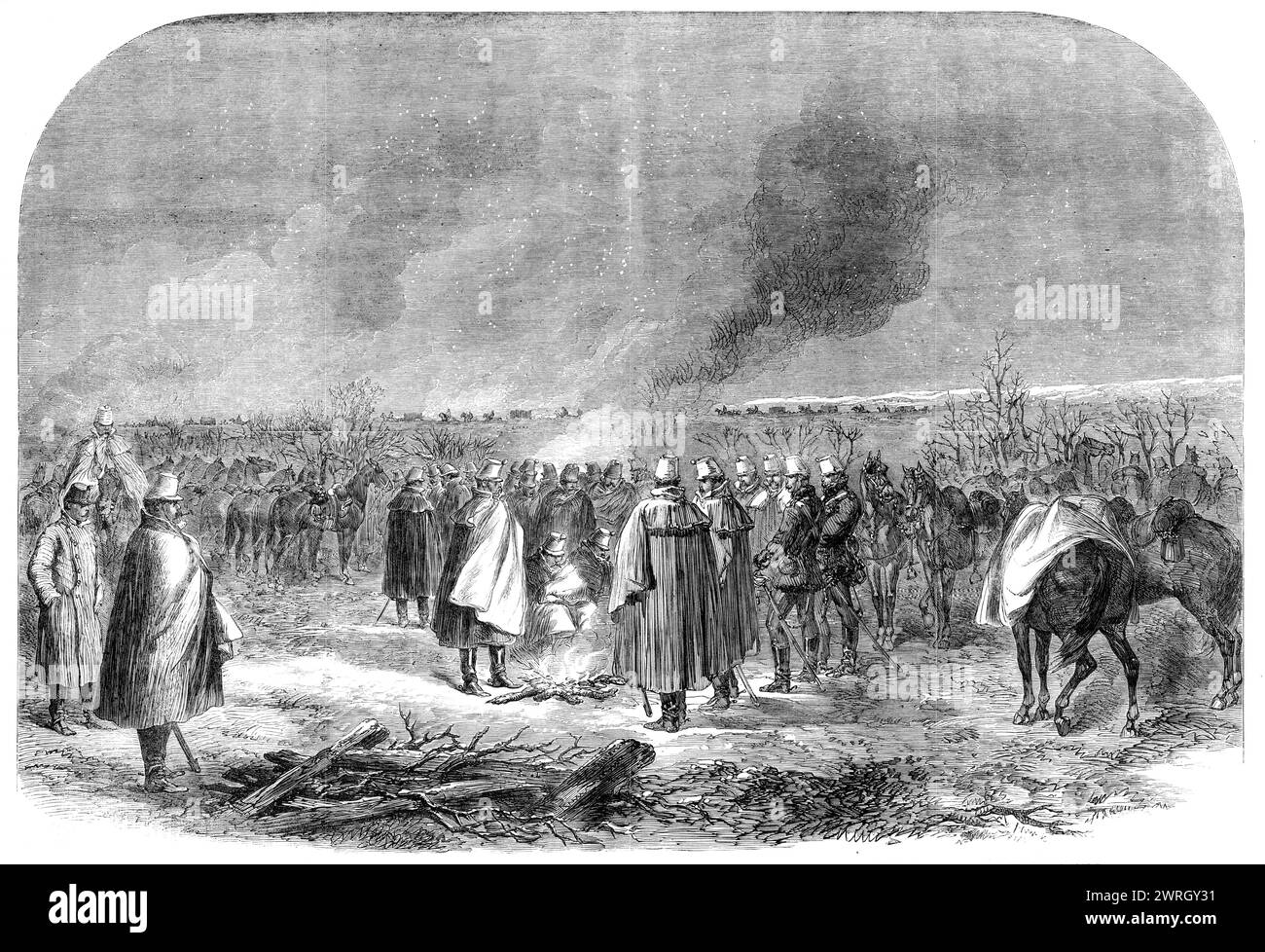 La guerra nello Schleswig: Il 9° reggimento di ussari (Principe Liechtenstein) che bivacca sul campo di battaglia di Over-Selk dopo la battaglia - da uno schizzo del nostro artista speciale, 1864. 'A perdita d'occhio abbiamo visto... il fumo degli incendi del campo. Da lunedì 15.000 gli austriaci e molti altri prussiani hanno dovuto bivaccare all'aria aperta. Il paese tra Breckendorf e Over-Selk era della descrizione più sgradevole e inospitale... Hedges non CE n'erano, dato che i danesi avevano abbattuto quel che pochi esistevano prima del loro ritiro... la neve giaceva a un centimetro e mezzo di profondità sul terreno quando eravamo a Foto Stock