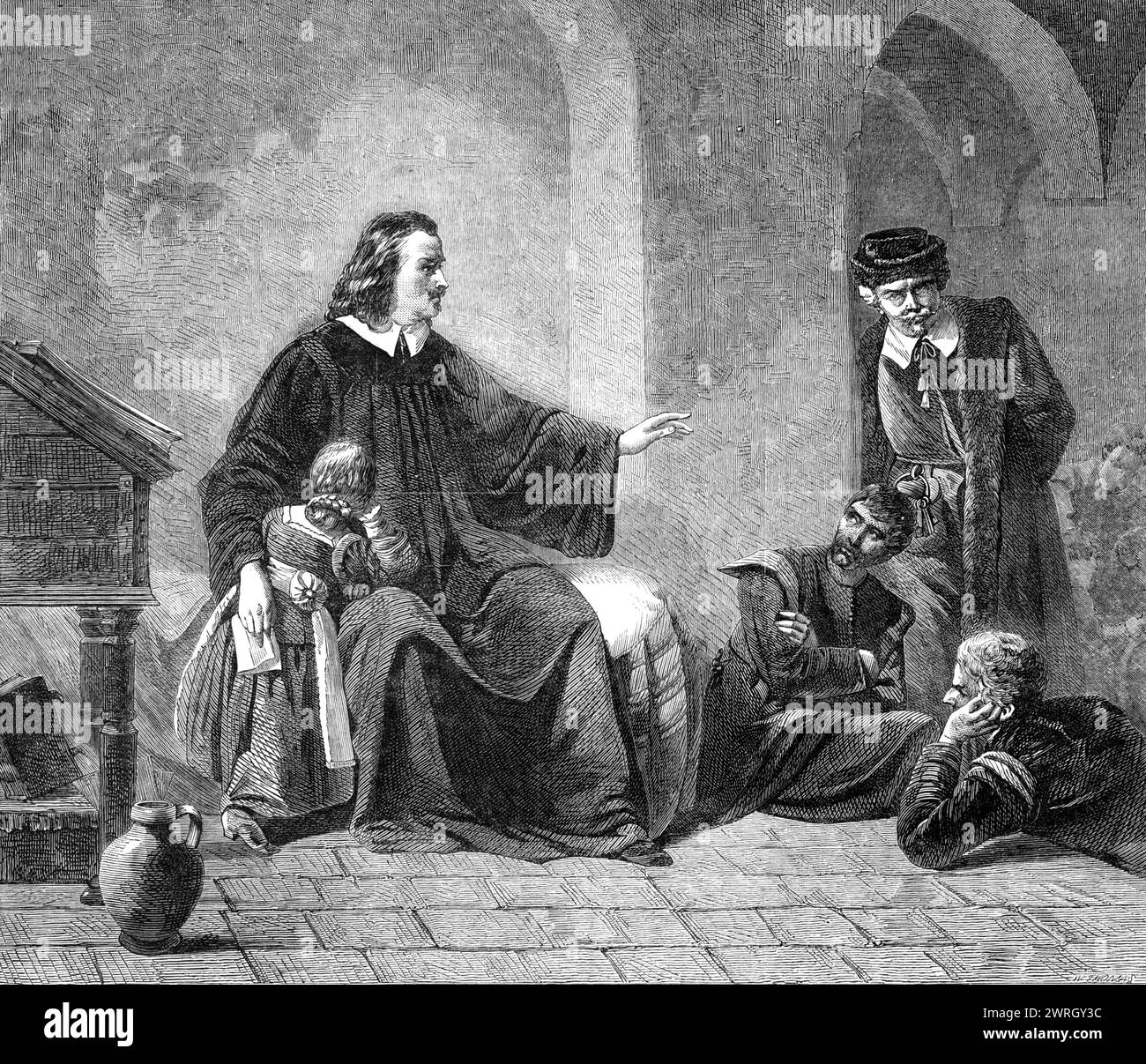 "John Bunyan recita 'il progresso del Pellegrino' ai suoi amici in Bedford Gaol", di G. F. Folingsby, di Monaco, nella mostra di Belle Arti a Melbourne, Australia, 1864. Incisione di un dipinto. 'Bunyan recita con caratteristico fervore qualche scena del "progresso" - supponiamo che sia la storia di Cristiano ed Eaithful imprigionati dal popolo di Vanity Fair - quale scena ha appena composto sulla scrivania alla sua destra, sotto il quale si trova un enorme libro - o la Bibbia o il "Libro dei Martiri", suoi compagni costanti. I suoi ascoltatori sono due Bedford ven Foto Stock