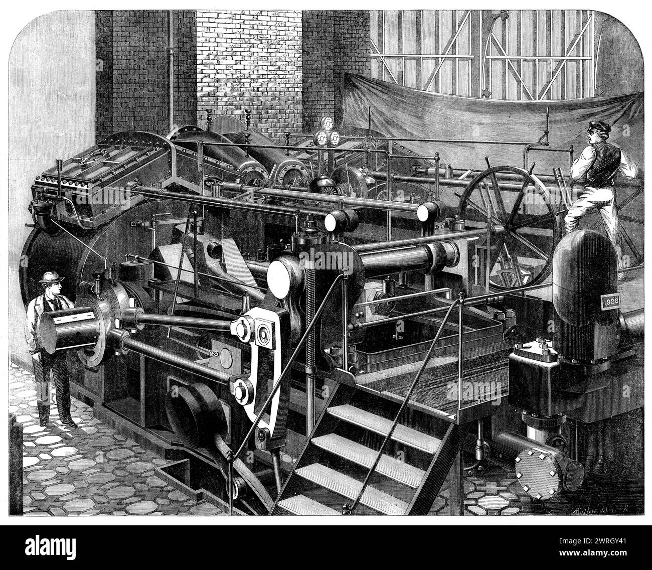 L'esposizione Internazionale: I motori di Maudslay di 800 cavalli di potenza per il Valiant, 1862. Potenza motrice per i piroscafi. "I più grandi motori marini esposti erano quelli dei signori Maudslay, destinati al Valiant; hanno una potenza nominale di 800 cavalli, ma sono in grado di funzionare fino a una quantità molto maggiore. Porzioni di motori da 1850 cavalli sono state esposte sia da Maudslay che da Penn L'albero motore esposto da quest'ultimo era uno splendido pezzo di ferro battuto, splendidamente rifinito. Nell'annesso orientale c'era un albero a manovella di dimensioni simili, realizzato presso la Mersey Ironworks, a sinistra Foto Stock