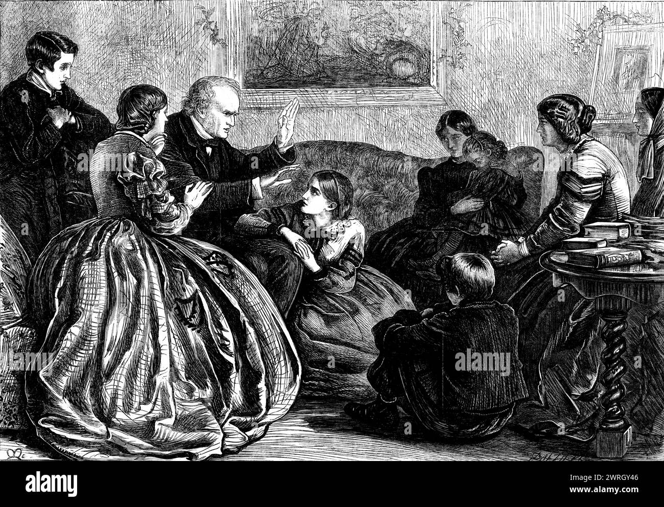 Christmas Story-telling - disegnato da J. E. Millais, 1862. Intrattenimento vittoriano per famiglie. Da "Illustrated London News", 1862. Foto Stock