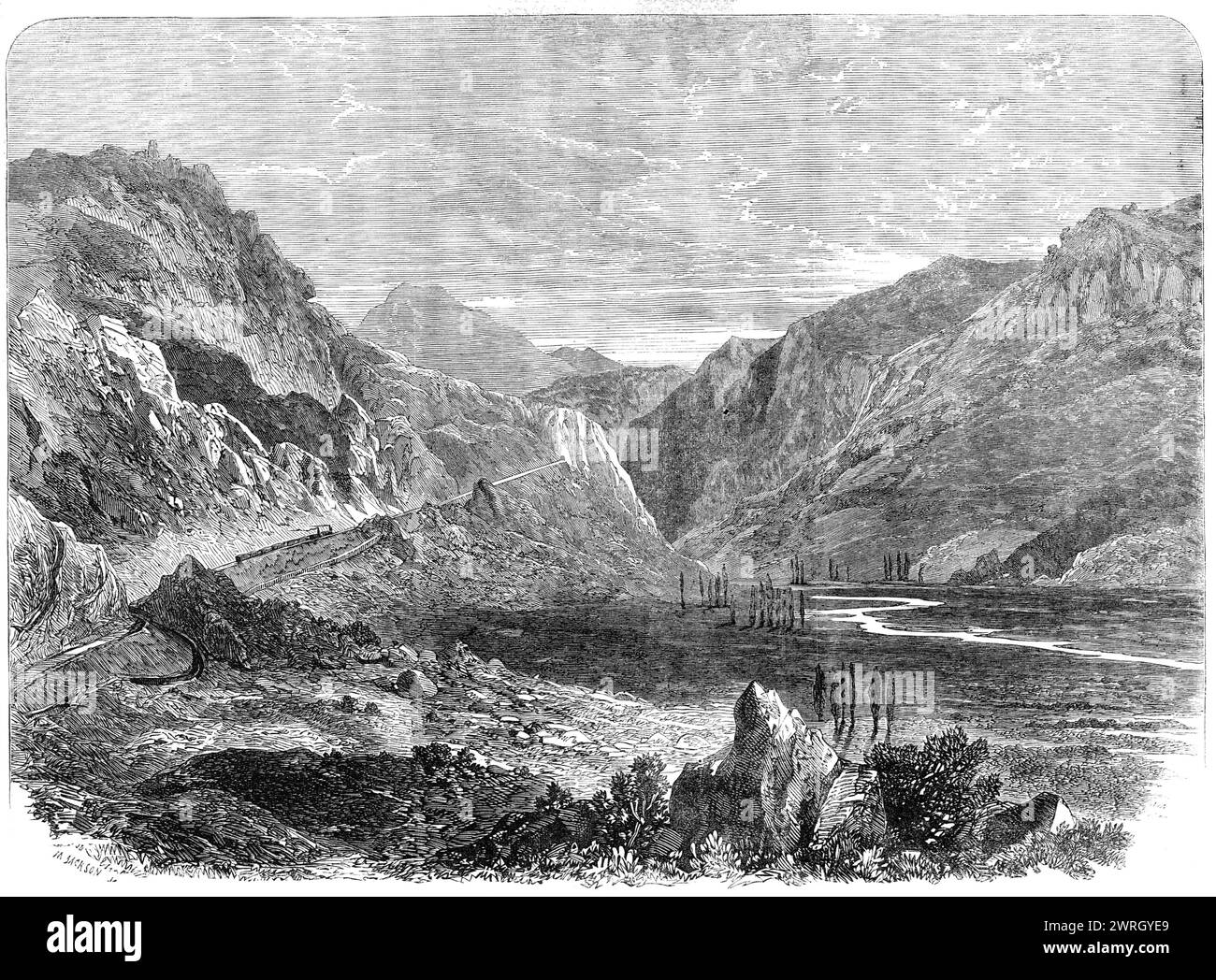 La ferrovia Valparaiso e Santiago: L'Incline Tabon, 1864. Incisione da un disegno del signor Boulet, un disegnatore del governo Chiliano, di... una delle ferrovie più alte del mondo... La sua lunghezza è un po' superiore a 114 miglia, e, poiché il suo corso si estende attraverso una parte della catena delle Ande, offre, per certi versi, caratteristiche raramente incontrate in opere di questo tipo... il passaggio della catena montuosa di Tabon, tra Valparaiso e la capitale, è stato un'impresa molto formidabile, e nel raggiungere questo obiettivo le principali difficoltà sono state superate. Per qualche chilometro la linea c Foto Stock
