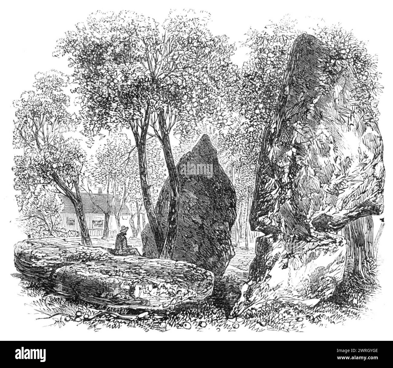 The British Association at Bath: Druidical Circles at Stanton Drew, 1864. C'è stata... un'escursione, da parte di un gruppo di membri dell'associazione, associati e signore, per ispezionare i celebrati circoli druidici a Stanton Drew, a undici miglia da Bath... in un frutteto a poca distanza dai circoli druidici sono situati altri resti notevoli... i due blocchi più grandi qui rappresentati, l'uno prostrato, e l'altro in piedi vicino, un po' della forma della lama di un'ascia, sono chiamati dagli abitanti del distretto "il Chopper e il Block". Da "Illustrated London N Foto Stock