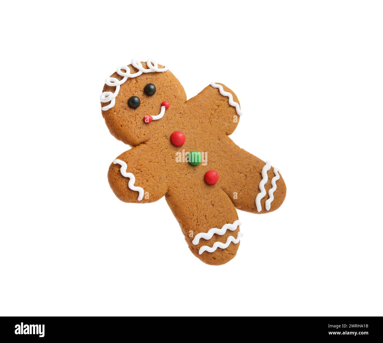 Biscotto di Natale a forma di uomo di pan di zenzero isolato su bianco Foto Stock