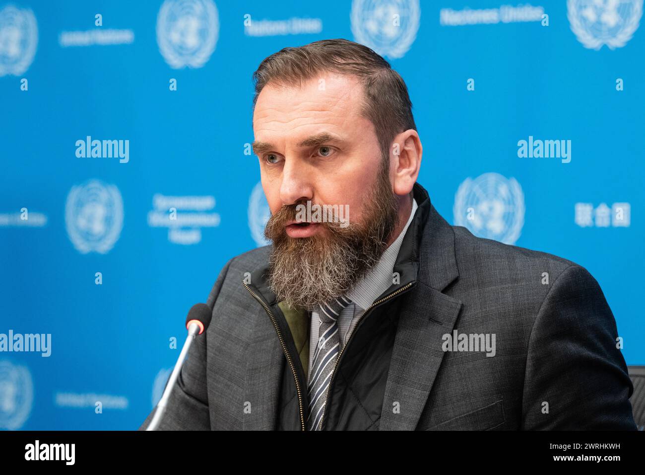 Oksen Lisovyi, ministro dell'istruzione e della scienza dell'Ucraina, parla al briefing stampa sull'istruzione in Ucraina da parte dell'UNICEF presso la sede delle Nazioni Unite a New York il 12 marzo 2024 Foto Stock