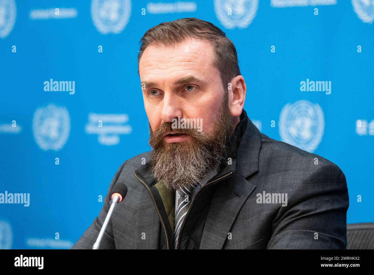 Oksen Lisovyi, ministro dell'istruzione e della scienza dell'Ucraina, parla al briefing stampa sull'istruzione in Ucraina da parte dell'UNICEF presso la sede delle Nazioni Unite a New York il 12 marzo 2024 Foto Stock