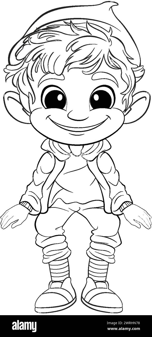 Disegno in bianco e nero di un figlio elfo felice. Illustrazione Vettoriale