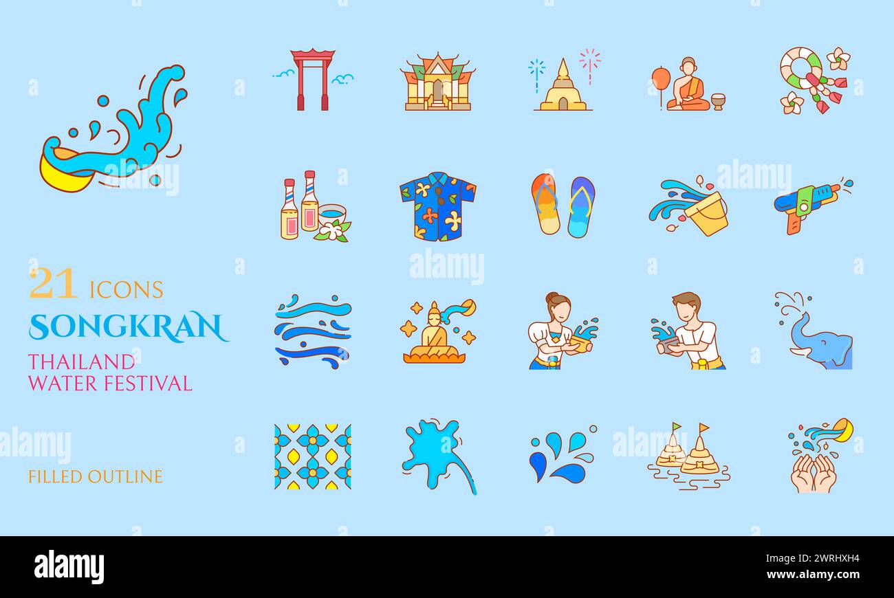 Icona di Songkran riempito contorno per celebrare il festival dell'acqua della thailandia il vettore del nuovo anno buddhista Illustrazione Vettoriale