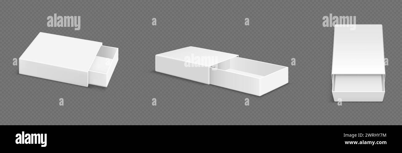 Mockup scatola portavetrini aperta bianca. Illustrazione vettoriale realistica serie di angoli di visualizzazione diversi su matchbox rettangolare vuoto o confezione regalo di modello a cassetto. Confezione di cartone per vetrini con manicotto. Illustrazione Vettoriale