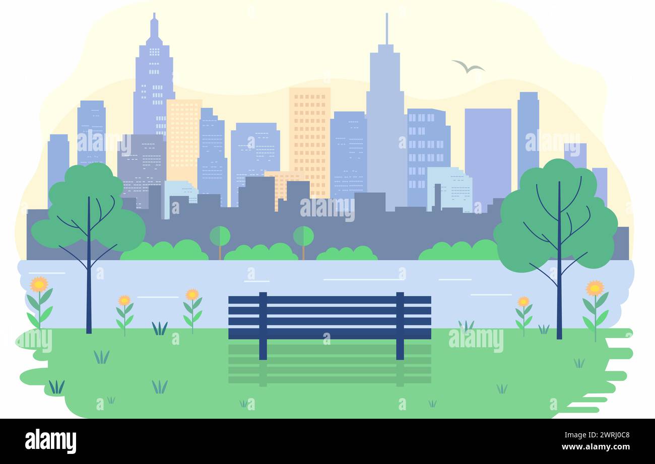 Illustrazione di design piatto della panchina nel parco cittadino con il paesaggio urbano in Bright Day Illustrazione Vettoriale