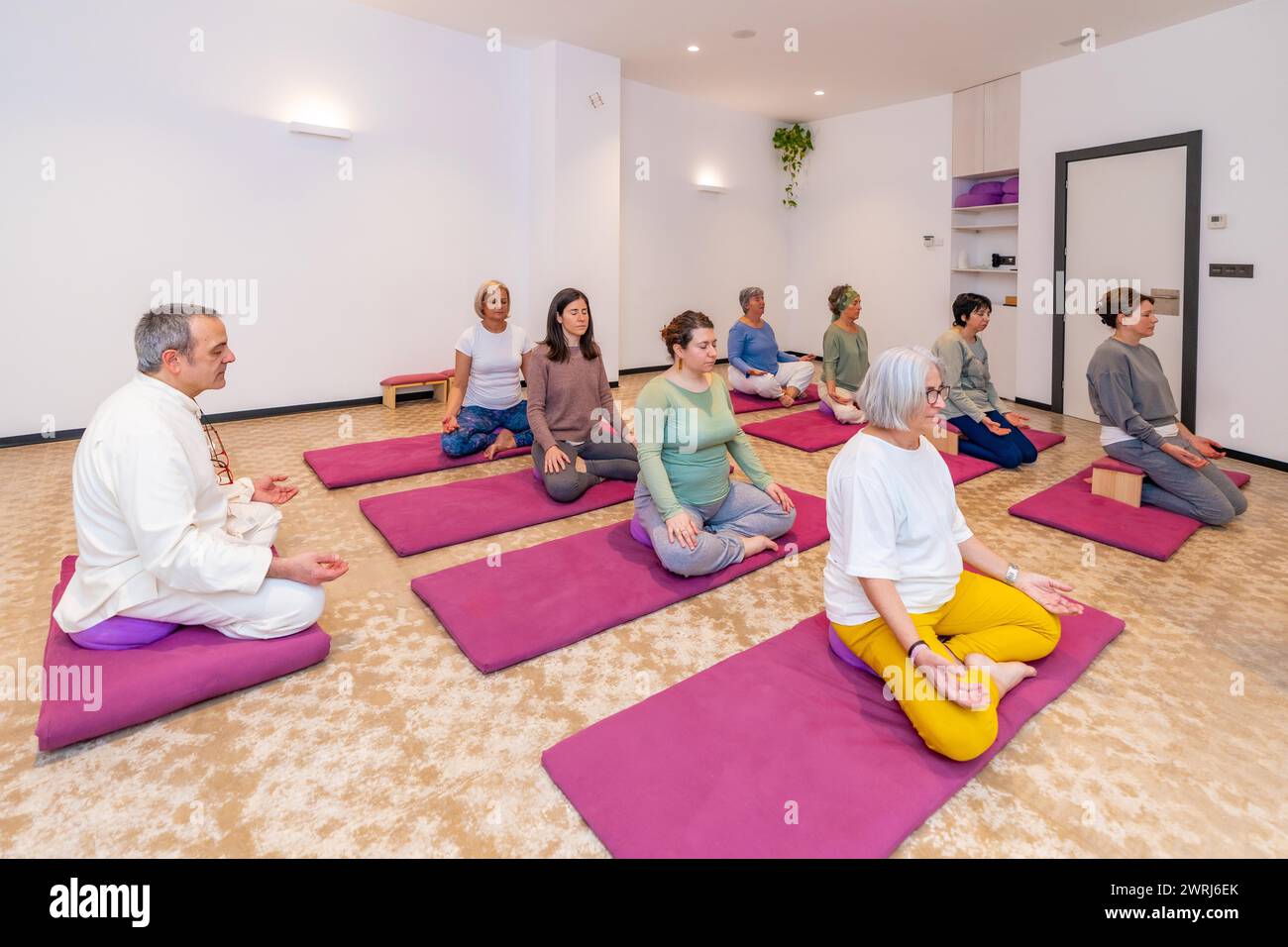 Classe di yoga piena di donne caucasiche mature che fanno la posizione del loto e meditano Foto Stock