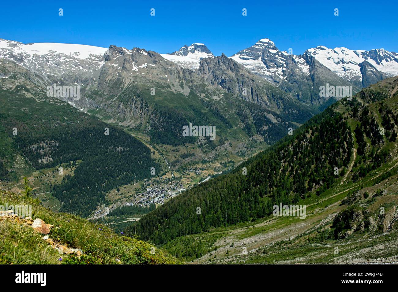 Vista sul Loetschental, il villaggio di Blatten sul fondovalle, Loetschental, Vallese, Svizzera Foto Stock