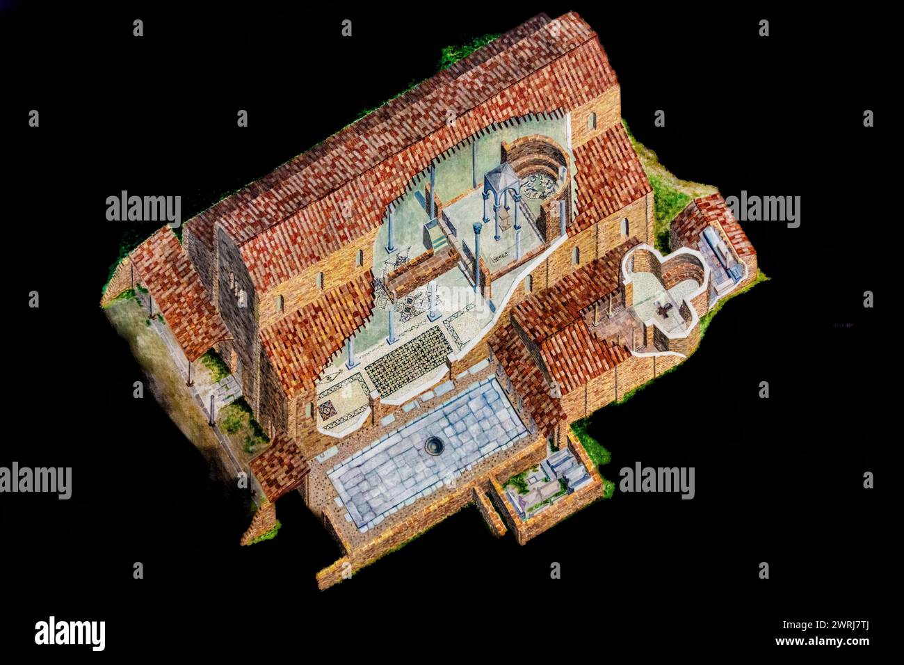 Disegno di ricostruzione, scavi archeologici di epoca paleocristiana e romana, Basilica Paleocristiana sotto la cattedrale Concordia Foto Stock