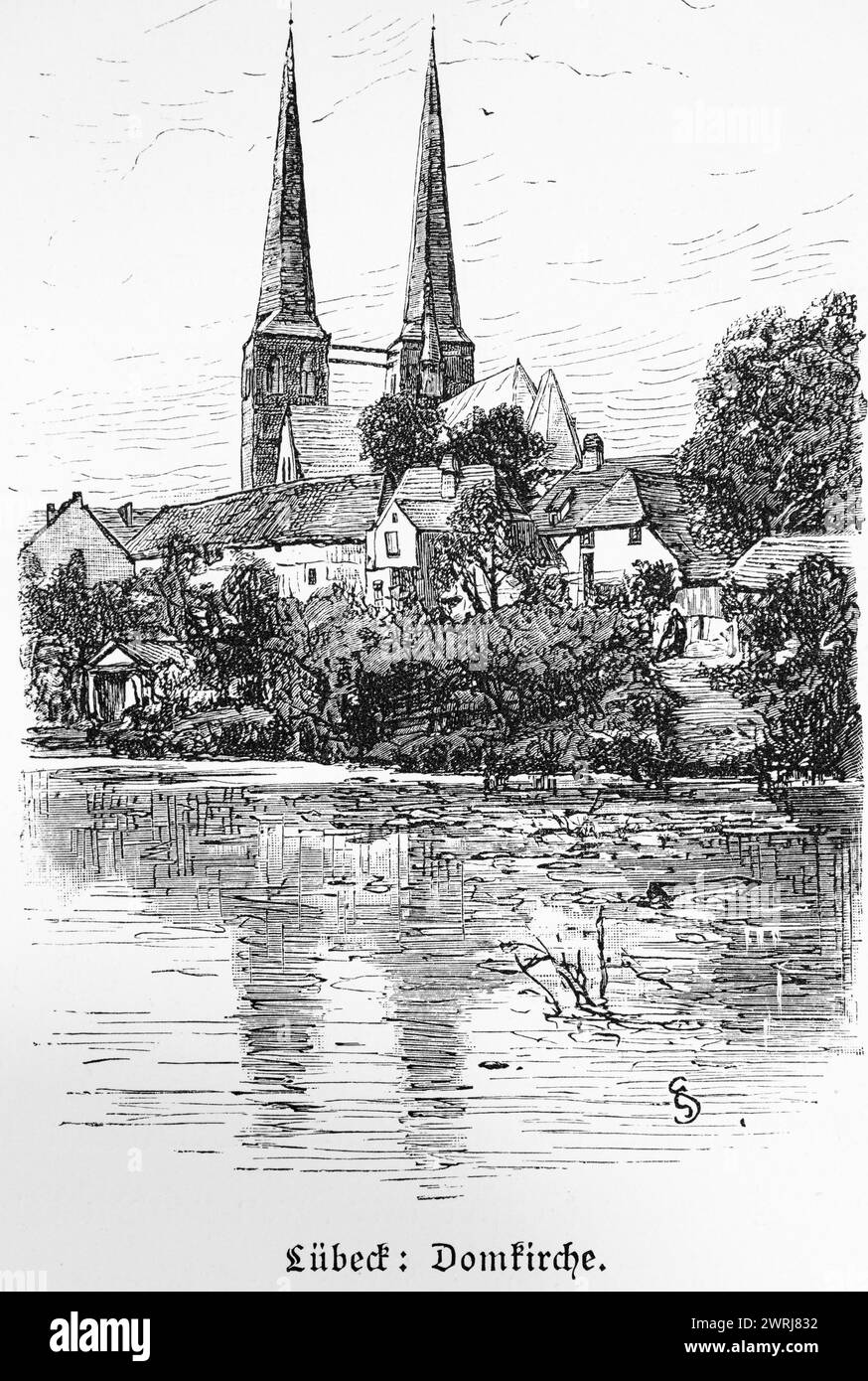 Cattedrale con laghetto mulino, torri gemelle, riflessione sull'acqua, città anseatica di Lubecca, Schleswig-Holstein, Germania, illustrazione storica 1880 Foto Stock